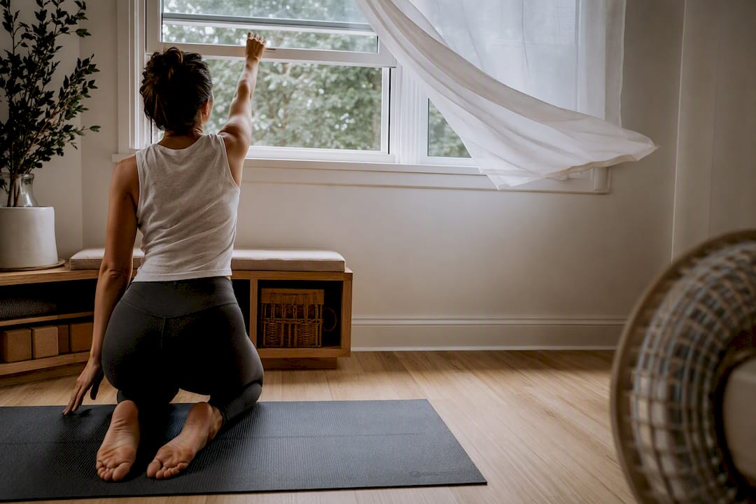 Open window and fan improving yoga corner airflow
