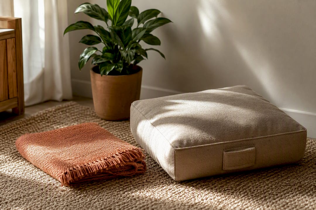 Plant cushion and folded blanket in yoga corner