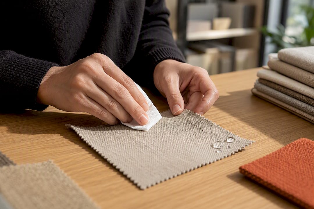 Hands testing water on upholstery swatch