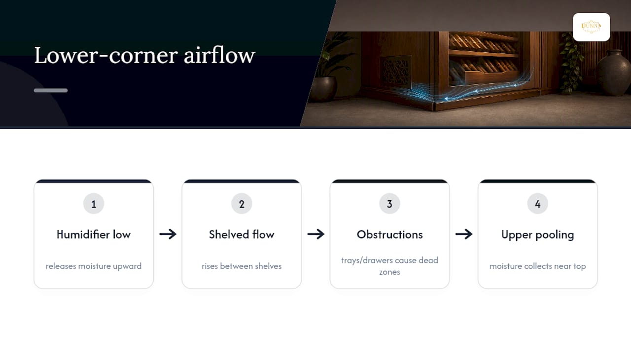 Airflow path from lower shelf humidifier