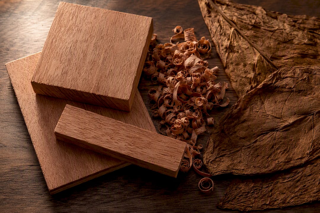 Spanish cedar samples beside tobacco leaves