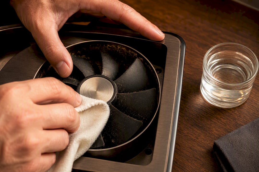 Hands cleaning humidor fan blades