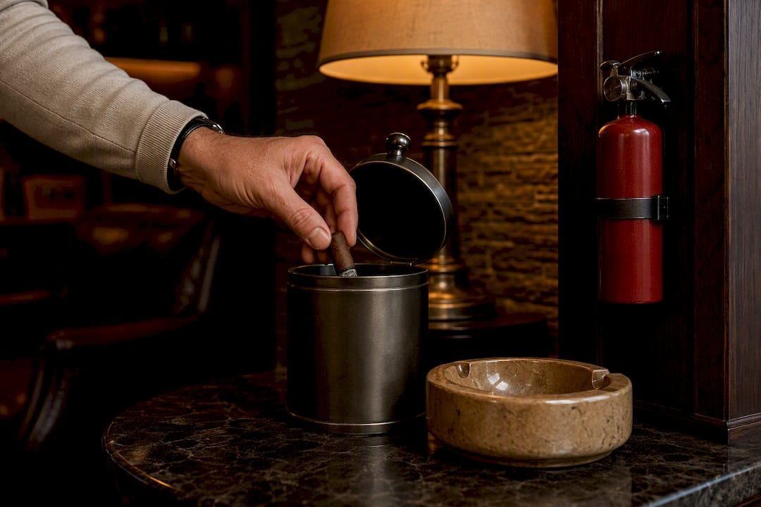 Safe cigar ash disposal beside fire extinguisher