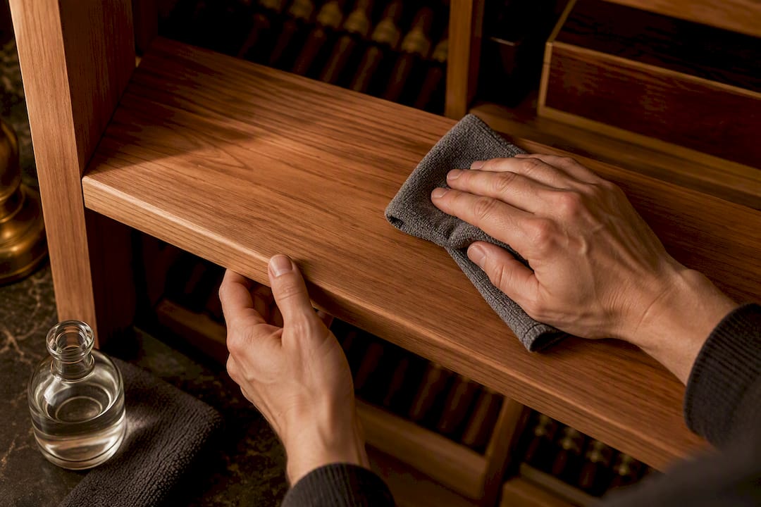 Hands wiping a Spanish cedar humidor shelf