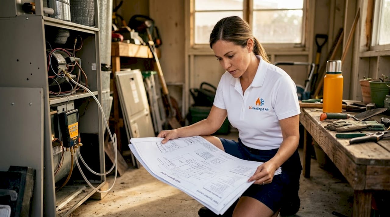 Commissioning agent inspecting HVAC unit in garage