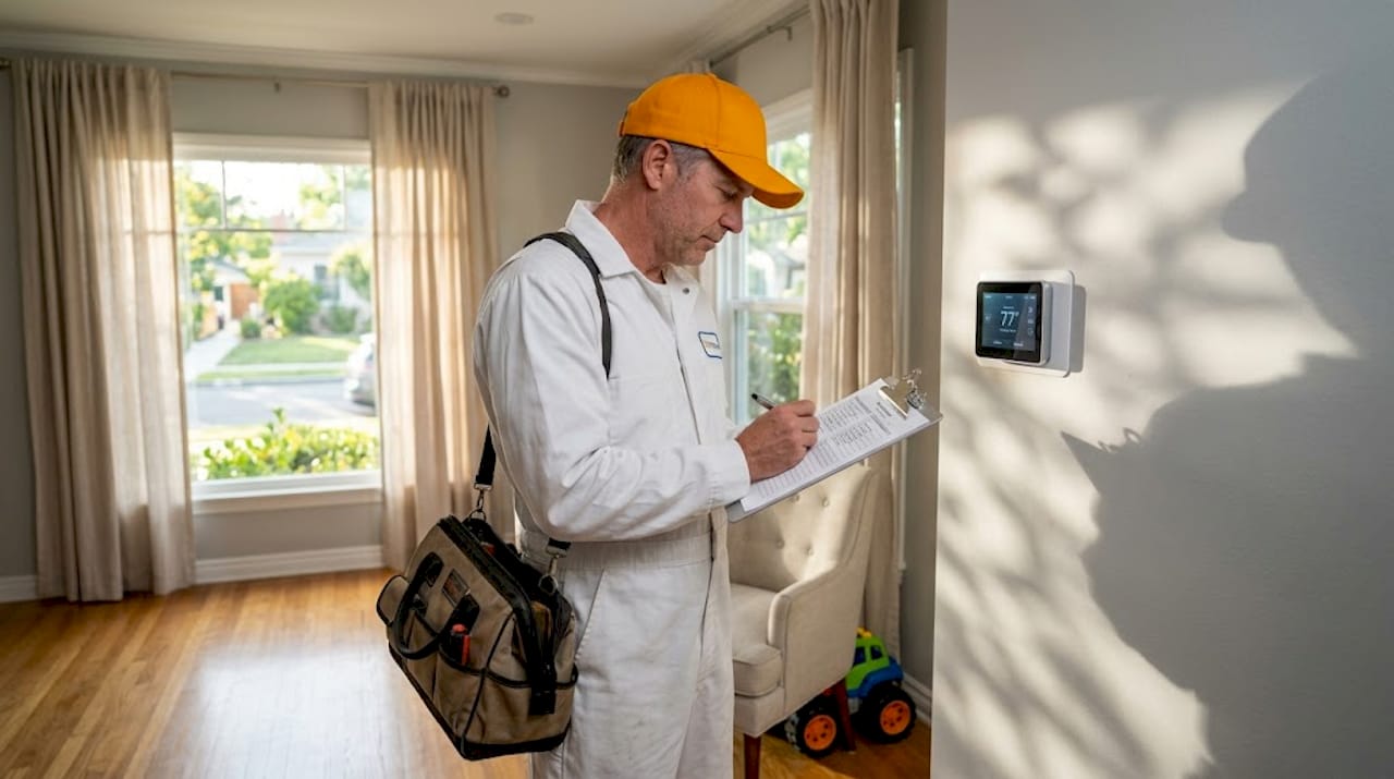 HVAC technician with checklist by smart thermostat