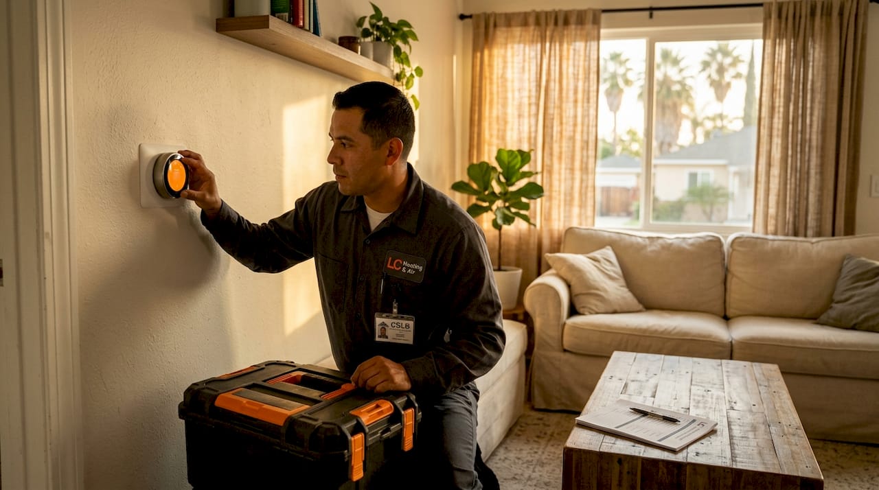AC technician verifies thermostat in Valley home