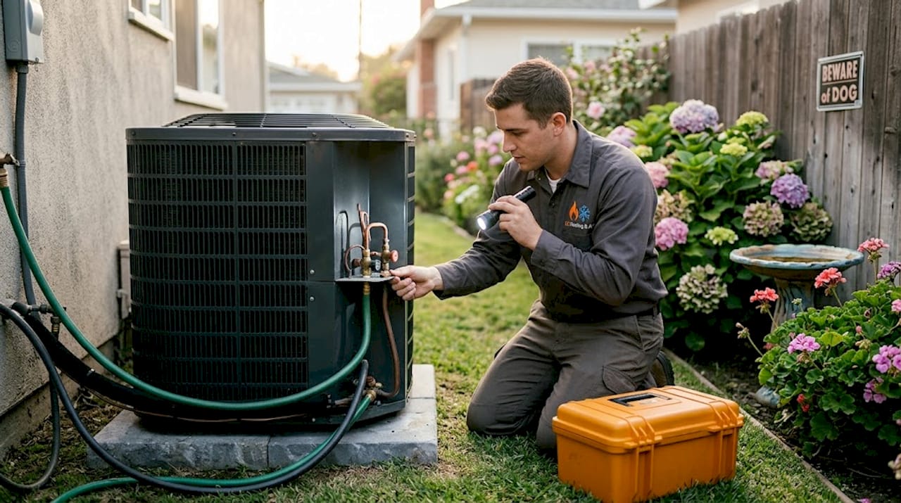 Technician inspecting AC unit for leaks