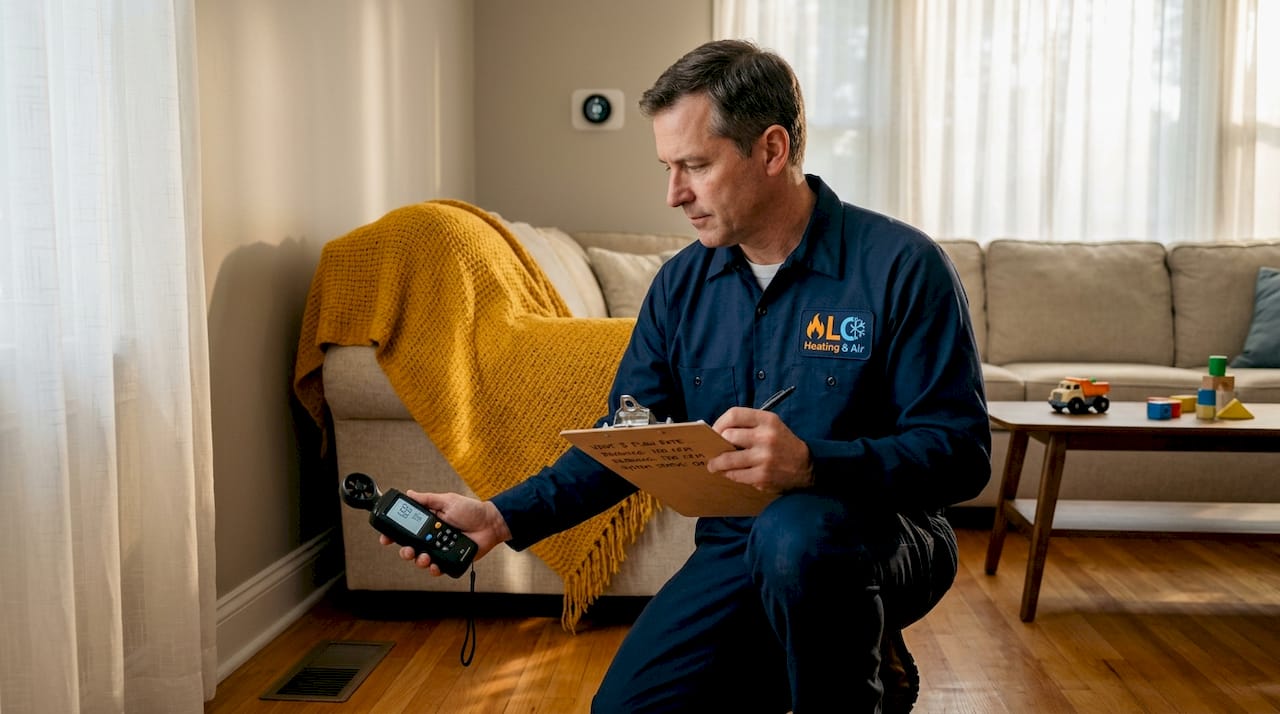 Technician measuring airflow near home vent