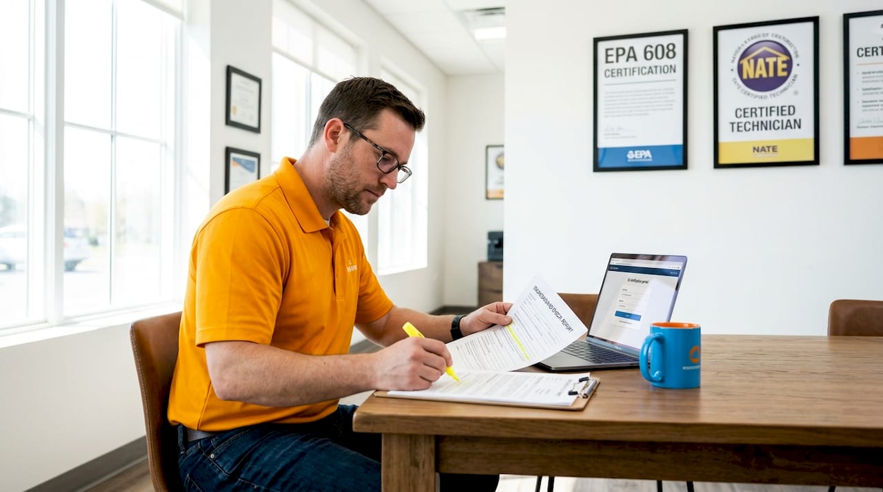 HVAC technician reviews paperwork in small office