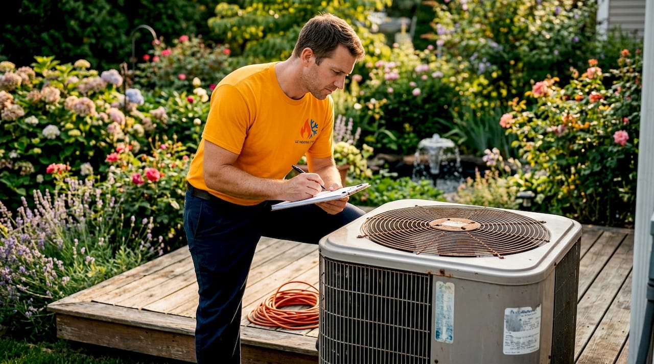 Technician inspecting outdoor AC compressor