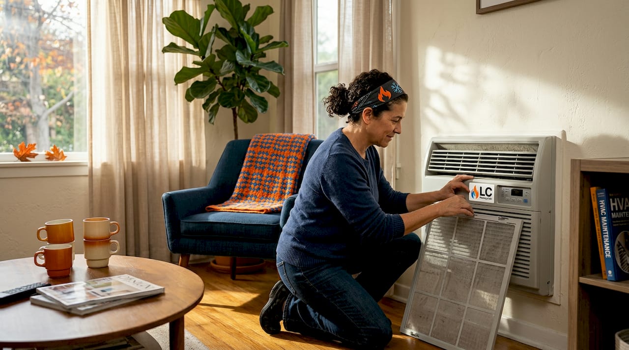 Homeowner checking wall AC unit in living room