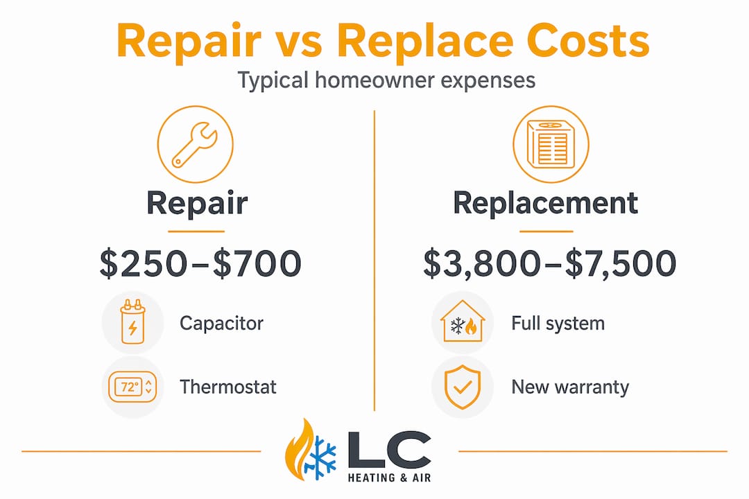 Infographic comparing AC repair and replacement costs