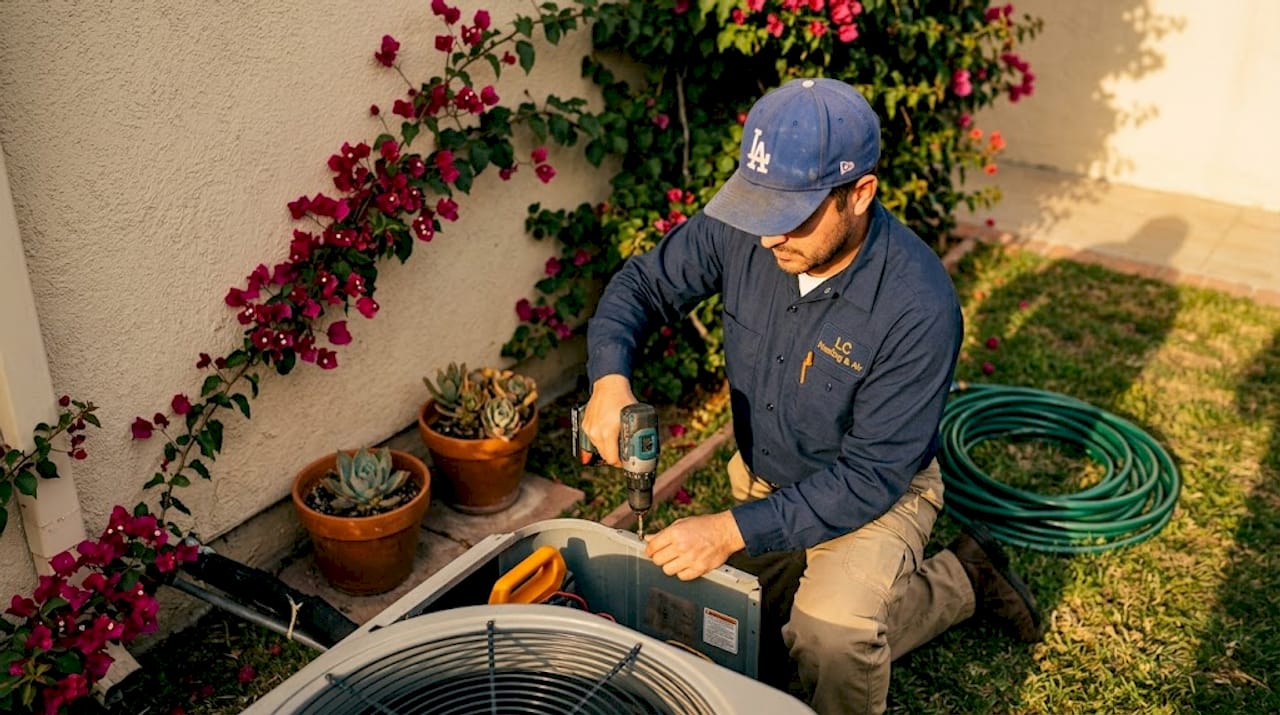 Technician repairing outdoor California home AC unit
