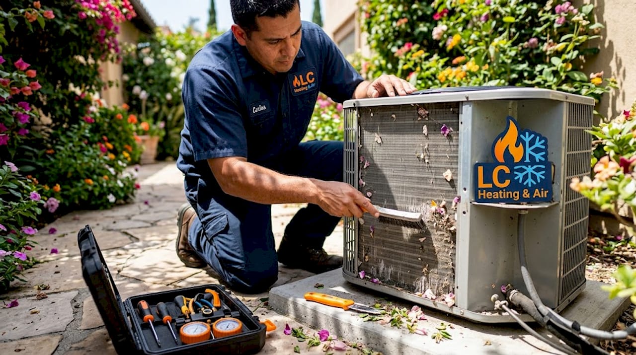 Technician cleaning outdoor AC condenser coil
