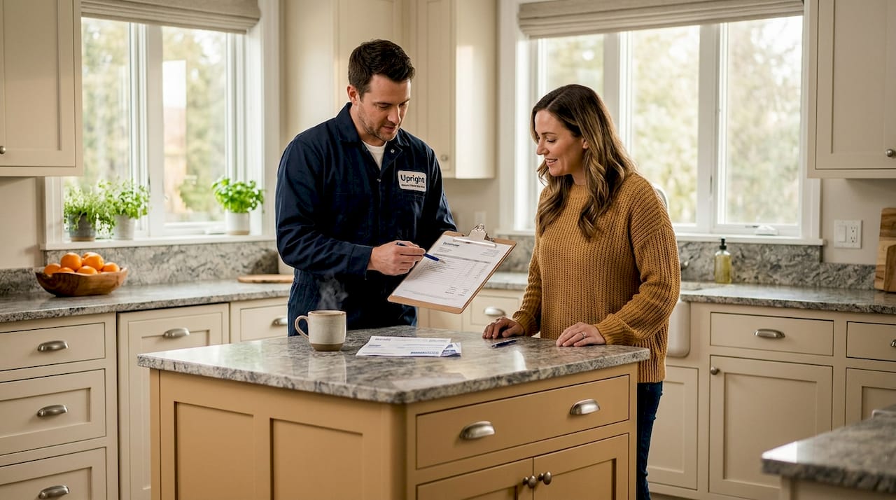 Technician explaining AC repair estimate at table
