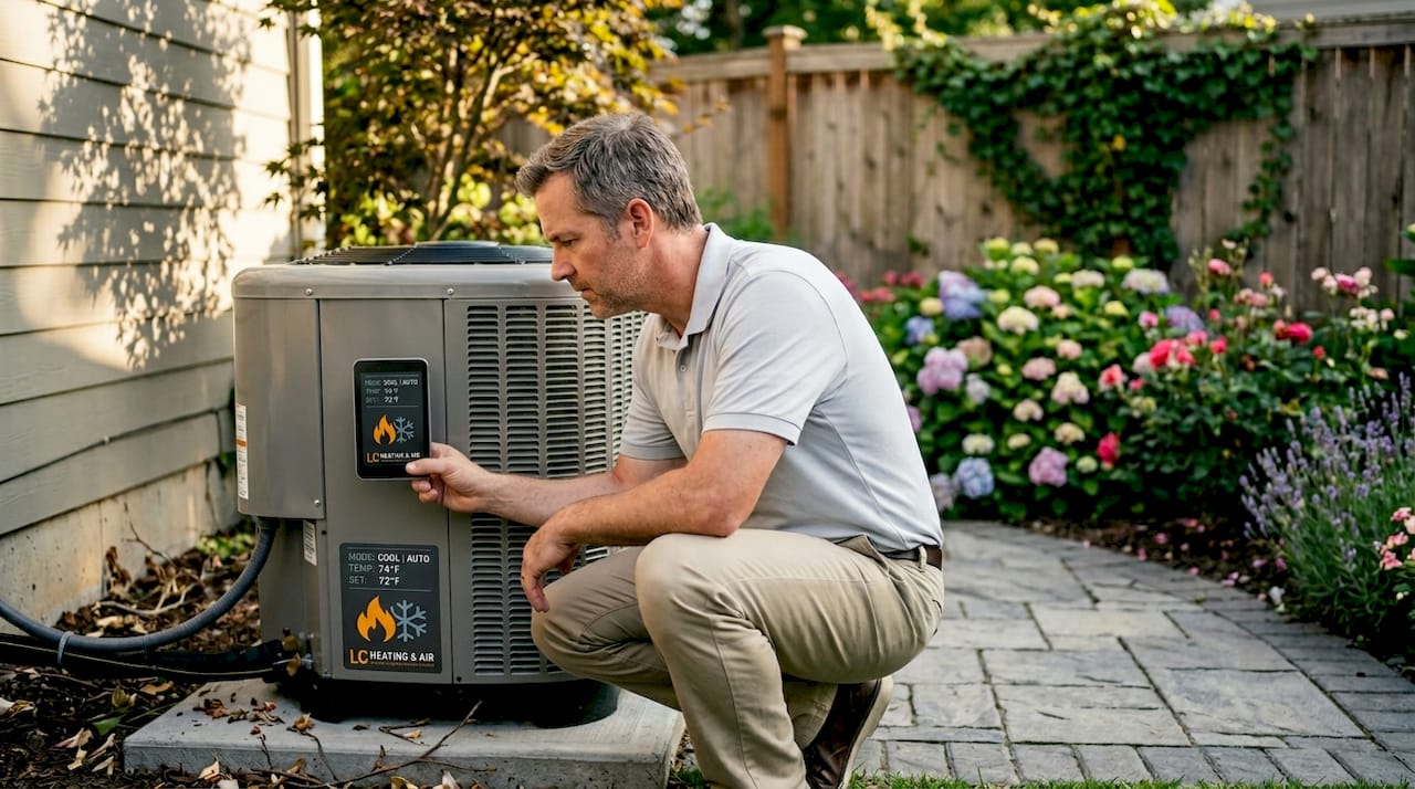 Homeowner checking outdoor AC unit controls
