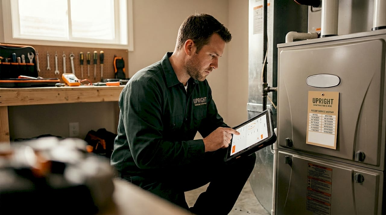 HVAC technician fixing furnace in utility room at night
