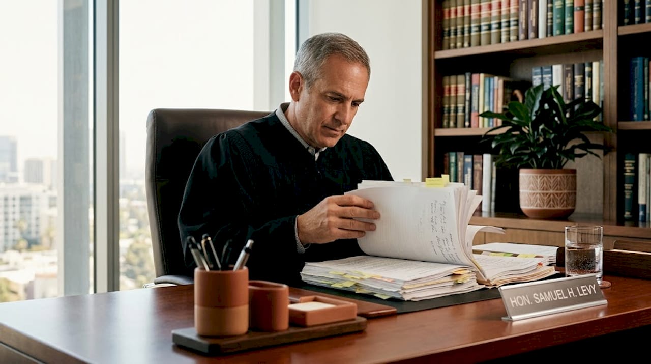 Judge reviews civil case documents at bench