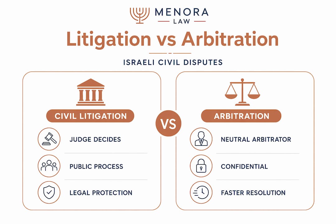 Infographic comparing Israeli litigation to arbitration