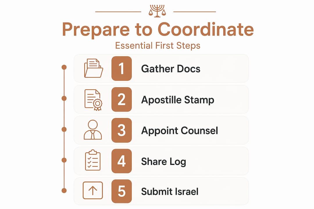 Infographic listing steps to coordinate Israeli legal tasks