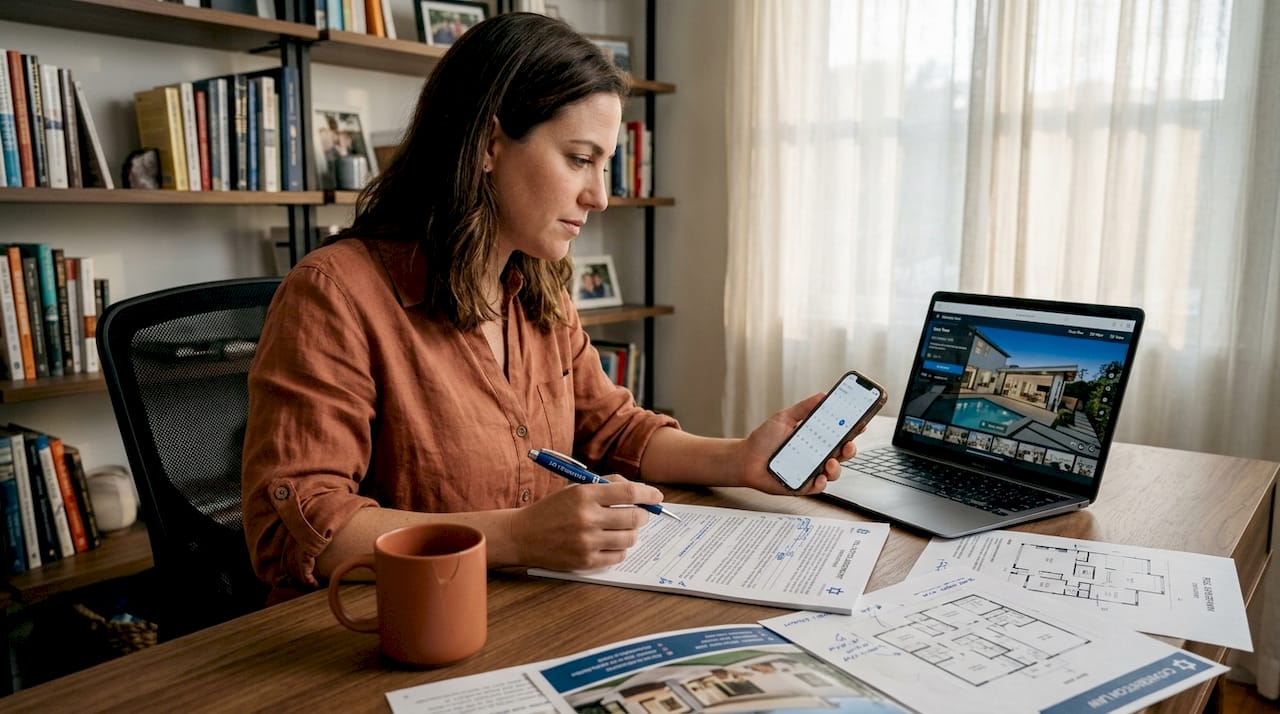Woman reviewing property purchase documents at home
