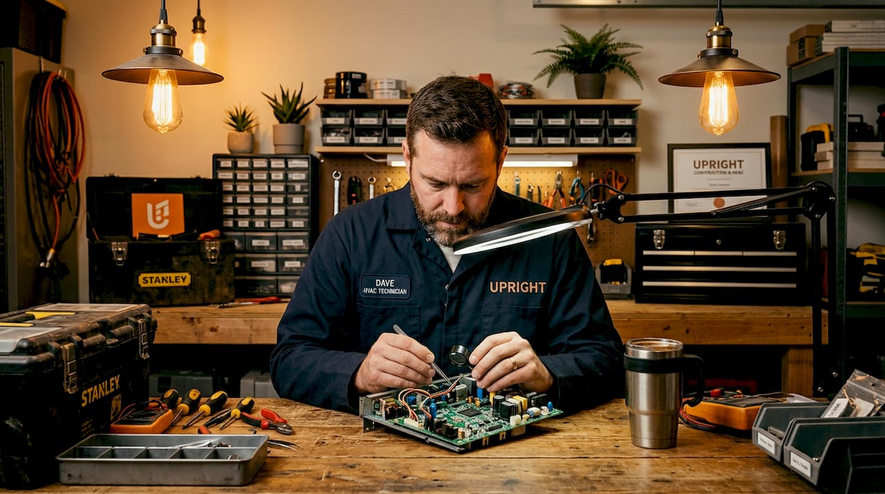 HVAC technician repairing AC circuit board in basement