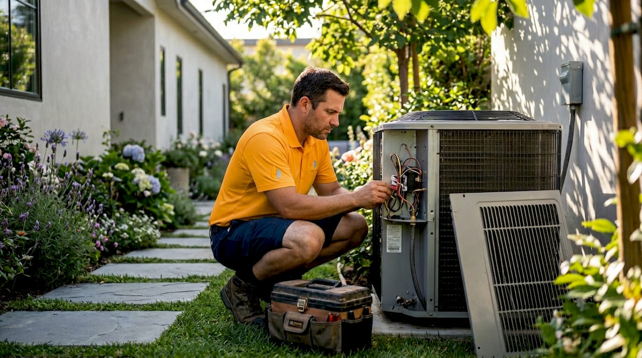 Technician inspecting AC unit in backyard
