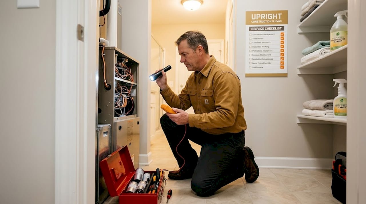 Technician inspecting furnace panel in utility closet