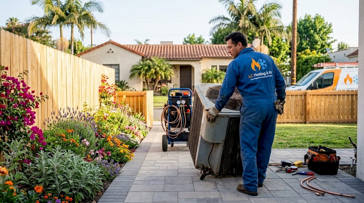 Technician removes aging AC condenser outdoors
