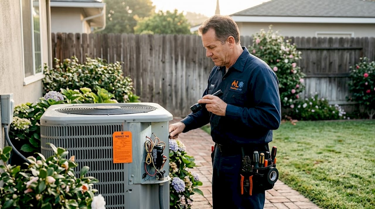 HVAC technician checking AC unit outside