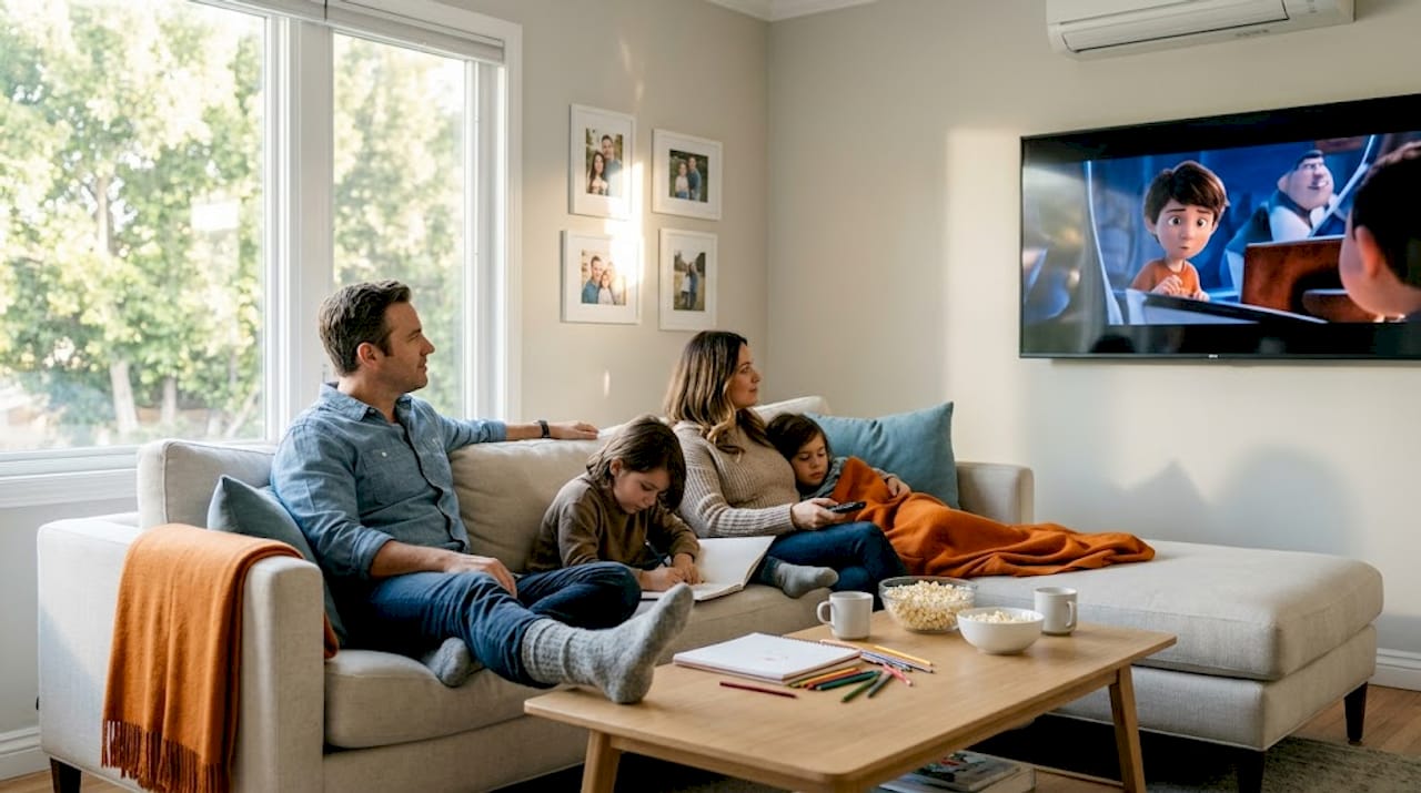 Family relaxing in cooled living room
