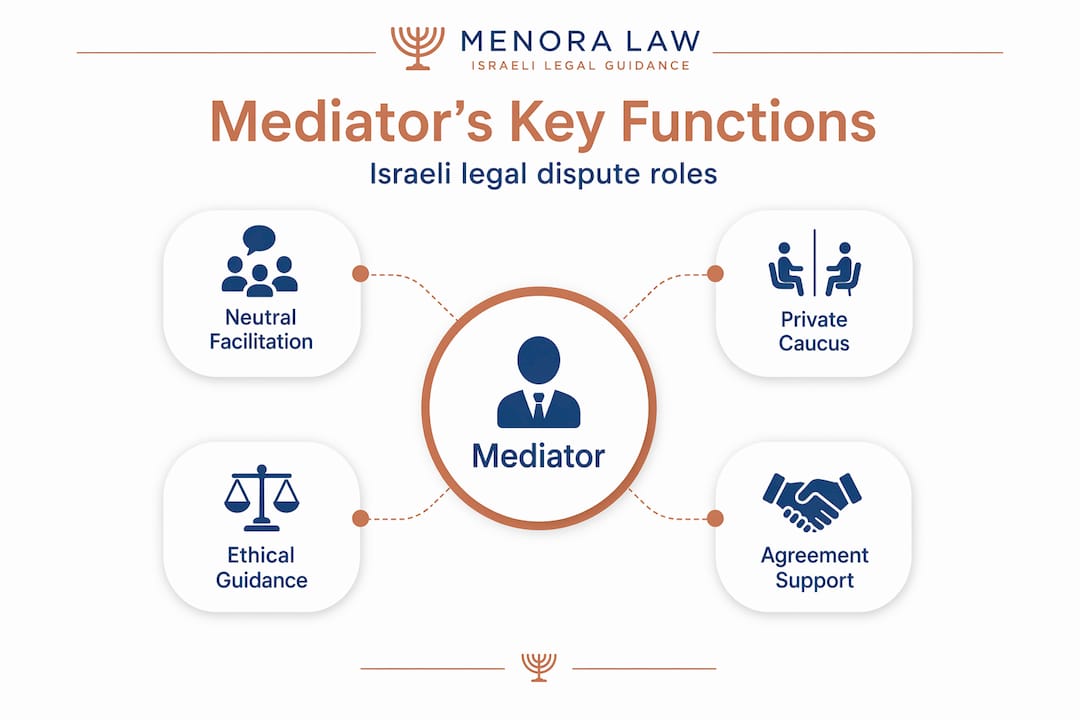 The Role of an Israeli Legal Mediator Explained 3 Hierarchy infographic mapping mediator functions