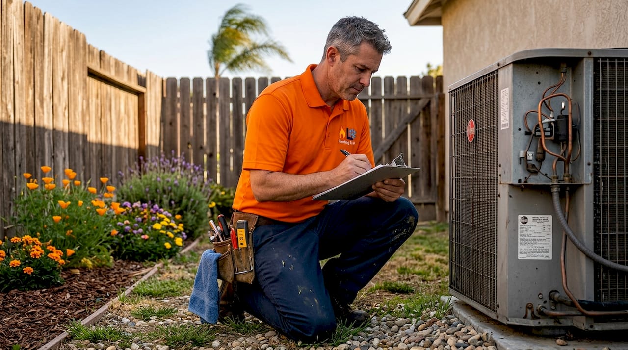 Technician recording notes by AC unit outdoors