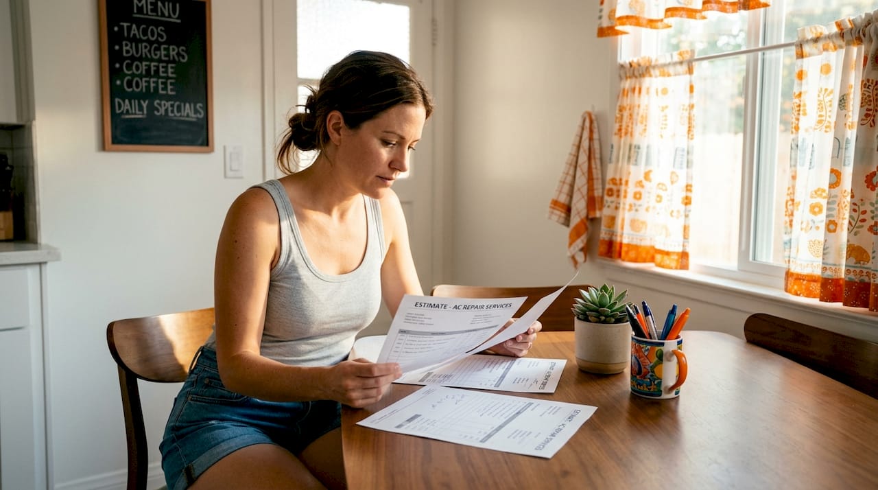 Homeowner reviewing two AC repair quotes
