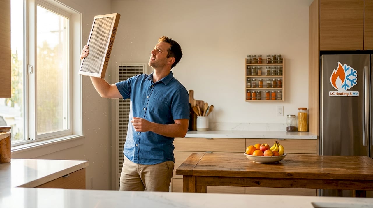 Man checking AC filter in living room