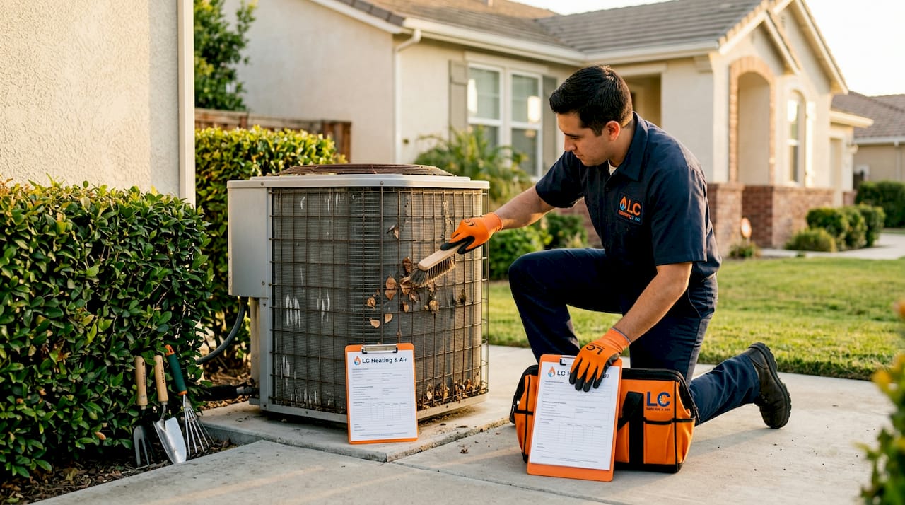 Technician cleaning outdoor AC condenser unit