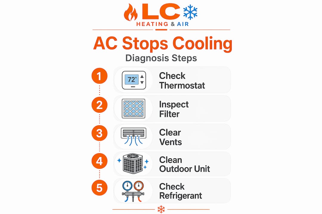 Infographic shows AC cooling failure diagnosis steps