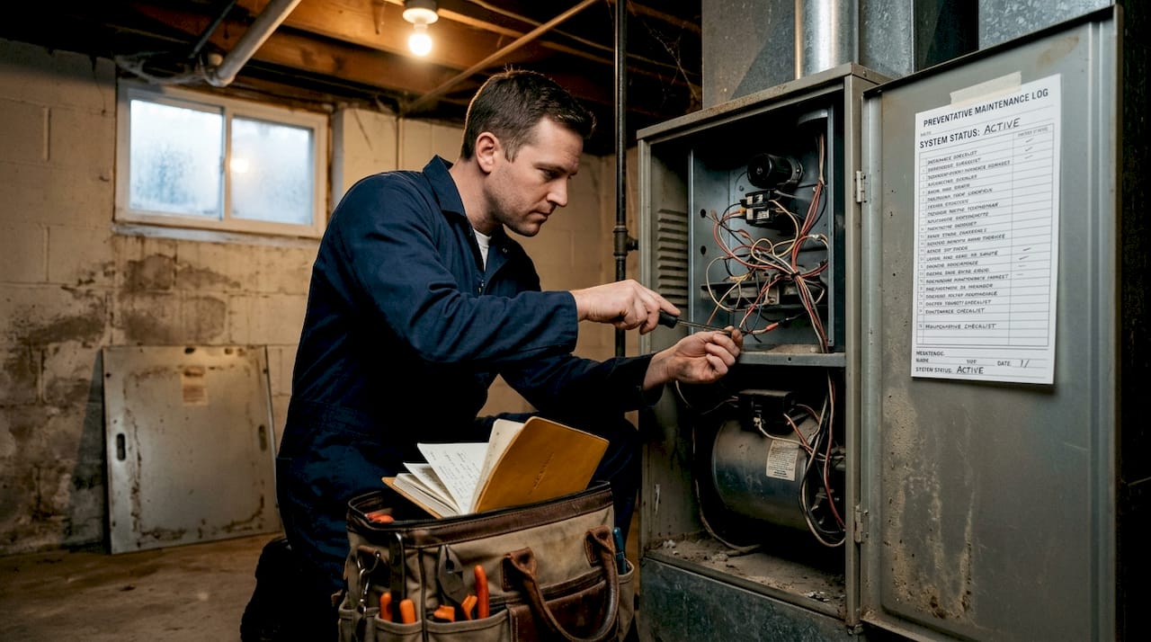 HVAC technician inspecting furnace in utility room