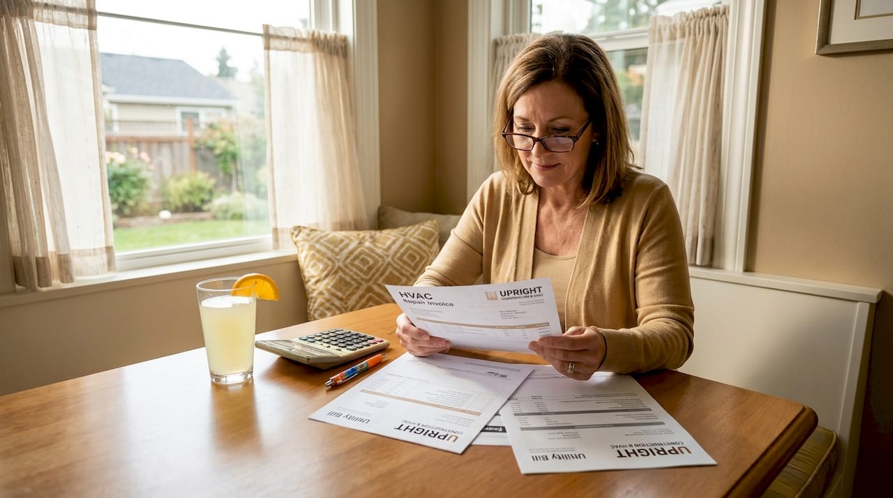 Homeowner reviewing HVAC repair bills at kitchen table