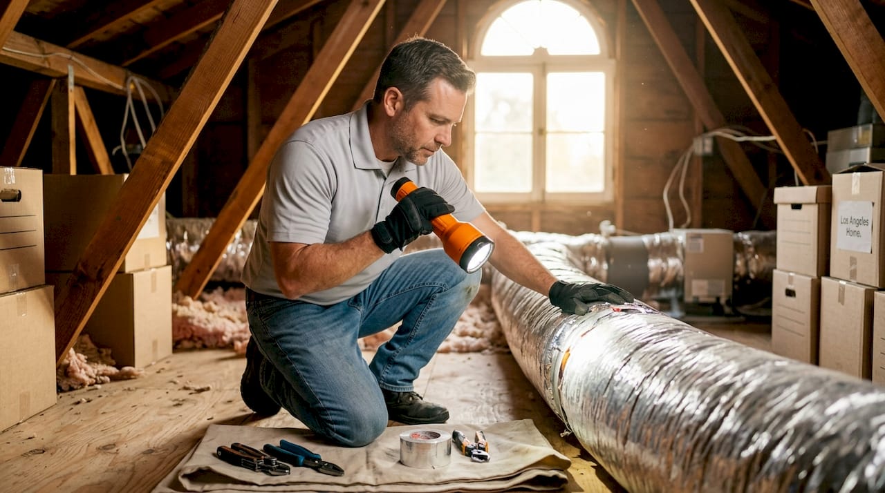 HVAC technician inspects attic ductwork