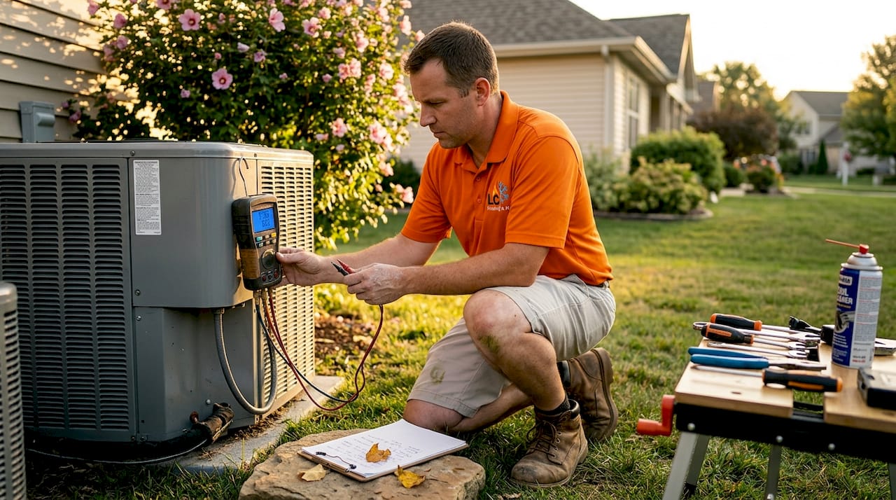 HVAC technician performs system diagnostic outdoors