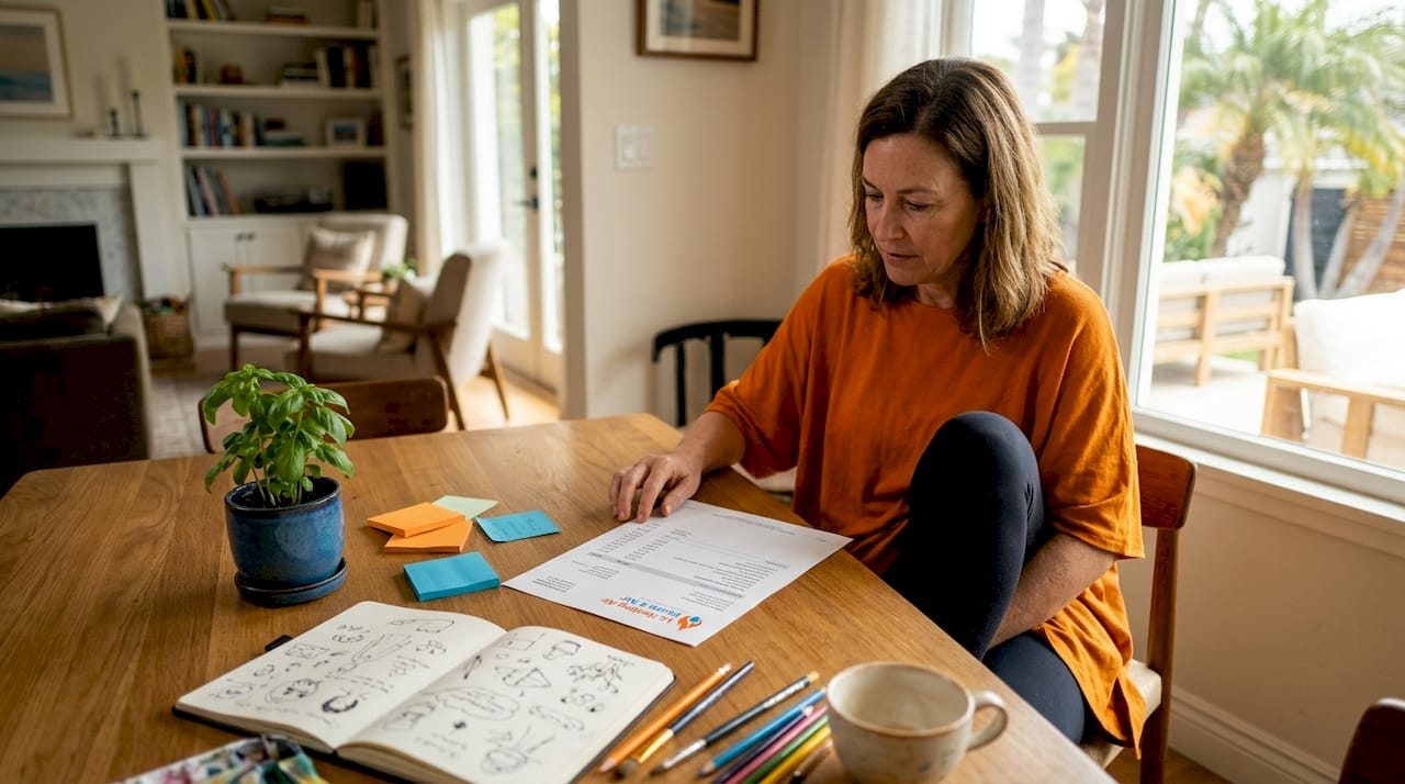 Homeowner examines HVAC invoice at kitchen table