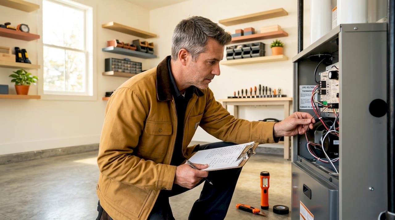Inspector checking furnace during HVAC commissioning