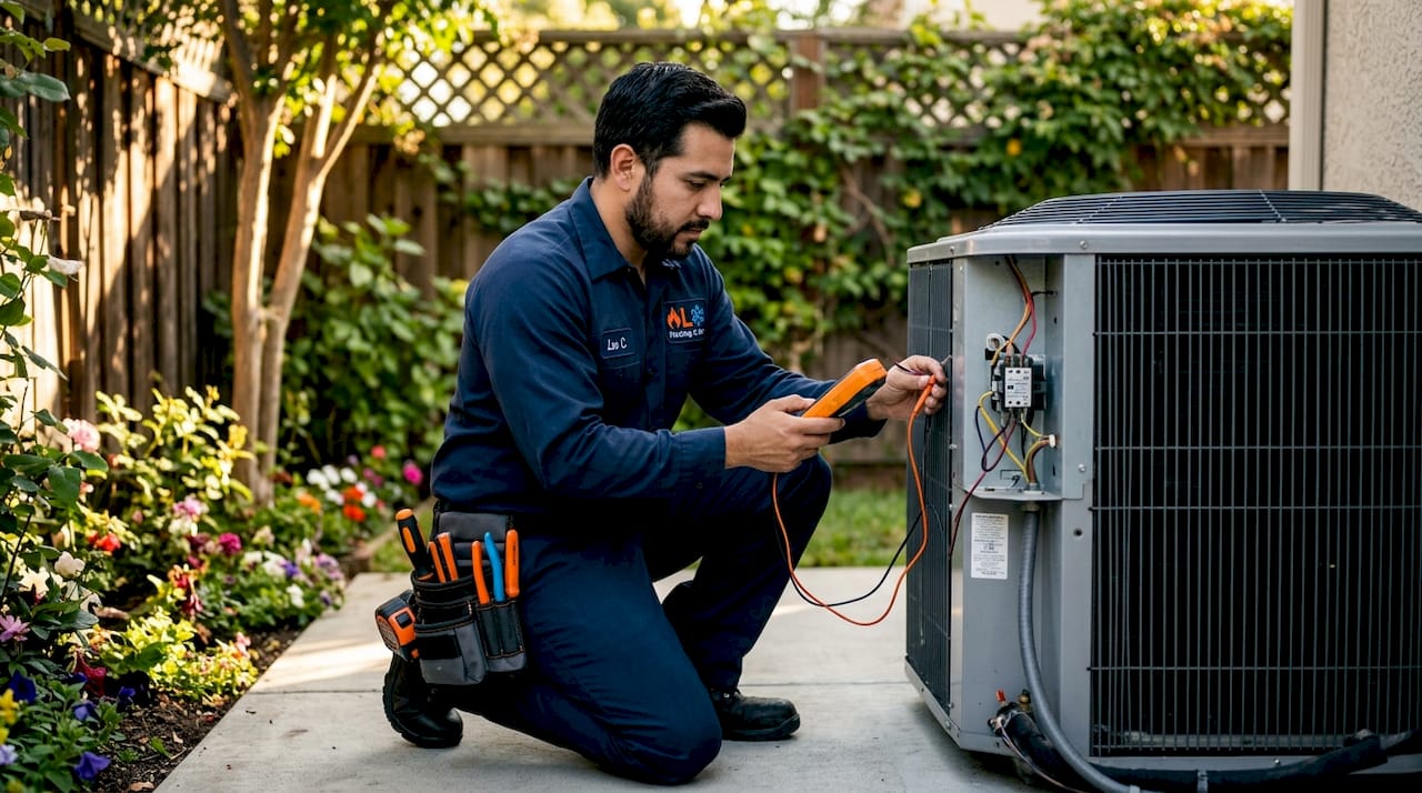 Technician repairing residential AC unit outdoors