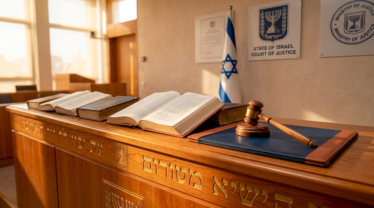 The Role of the Israeli Hebrew Legal System Explained 2 Israeli courtroom with Hebrew legal books