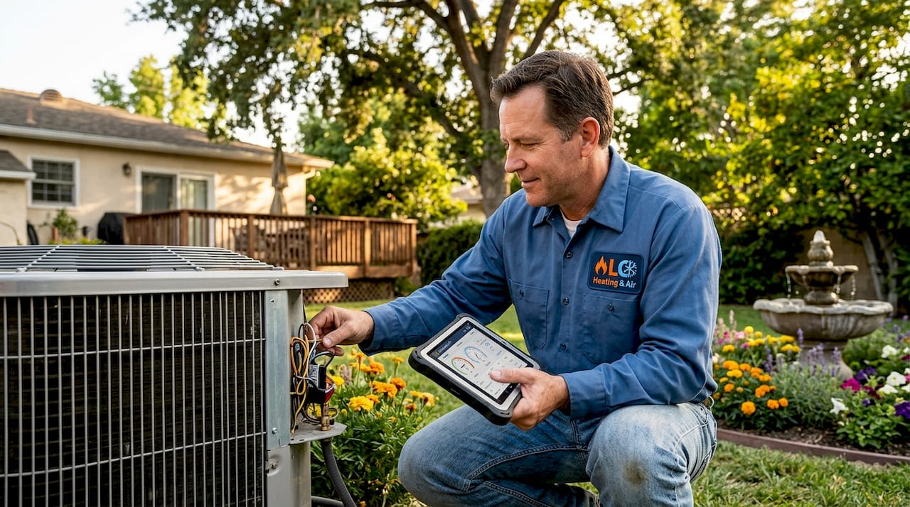HVAC technician inspecting AC unit outdoors