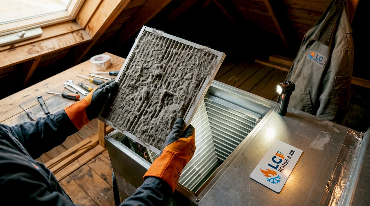 Dirty AC filter next to clean coil components