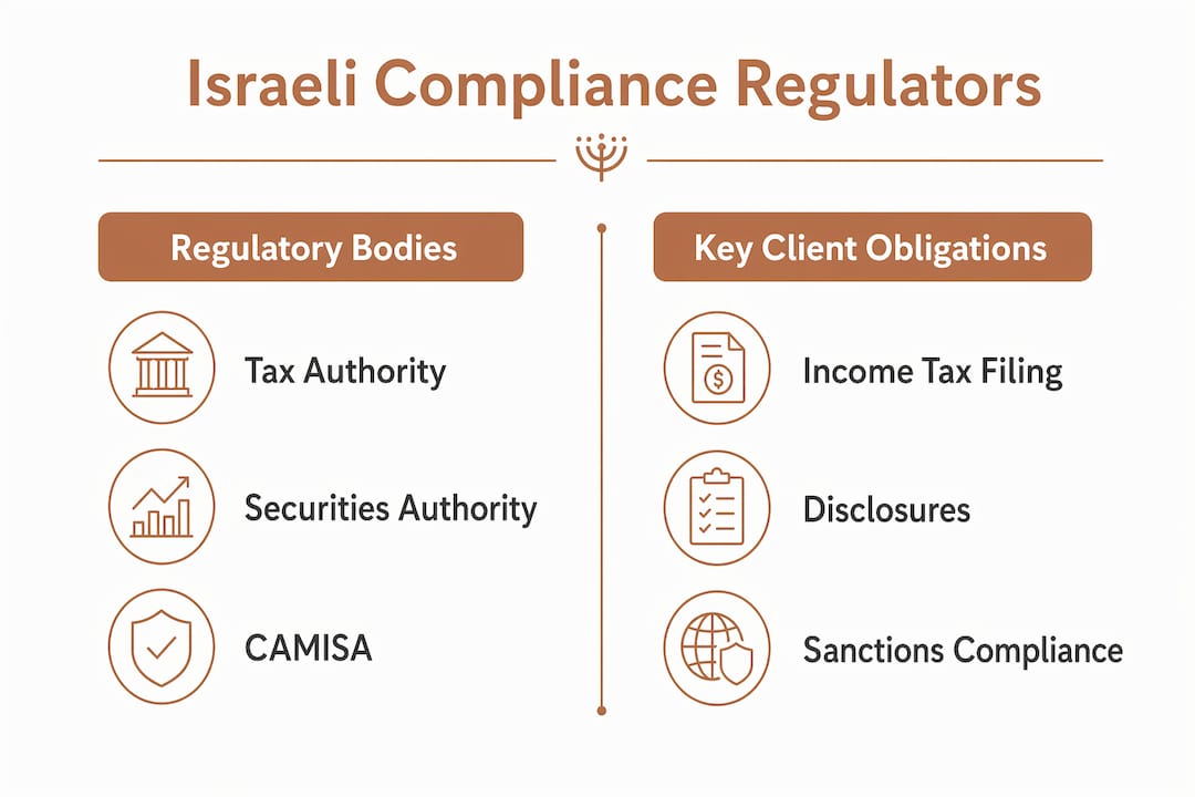 Israeli Legal Compliance for English-Speaking Clients 3 Infographic comparing Israeli compliance regulators and client obligations