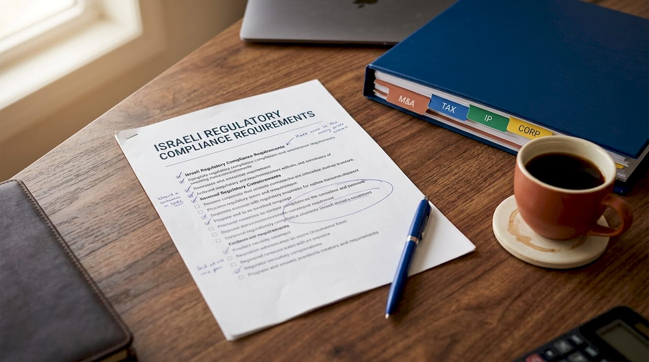 Israeli Legal Compliance for English-Speaking Clients 2 Desk with Israeli compliance paperwork and coffee